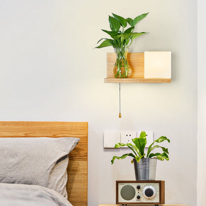 Rectangular Orb Glass Wood 1-Light Wall Sconce Lamp