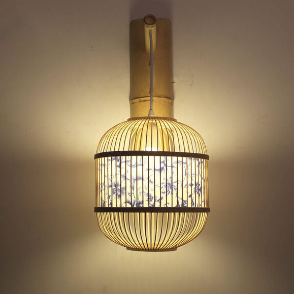 Chinese Weaving Parchment Oval 1-Light Wall Sconce Lamp