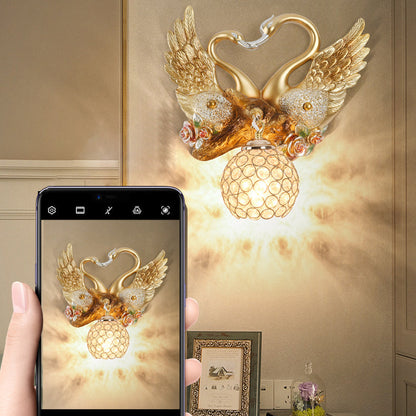 Deco Iron Crystal Couple Swan Ball 1-Light Wall Sconce Lamp