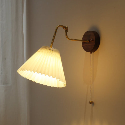 Vintage Walnut Brass Pleated Shade 1-Light Wall Sconce Lamp