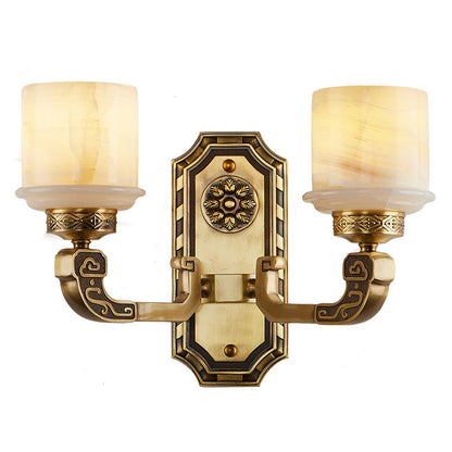 Chinese Copper Marble Cylinder 1/2 Light Wall Sconce Lamp