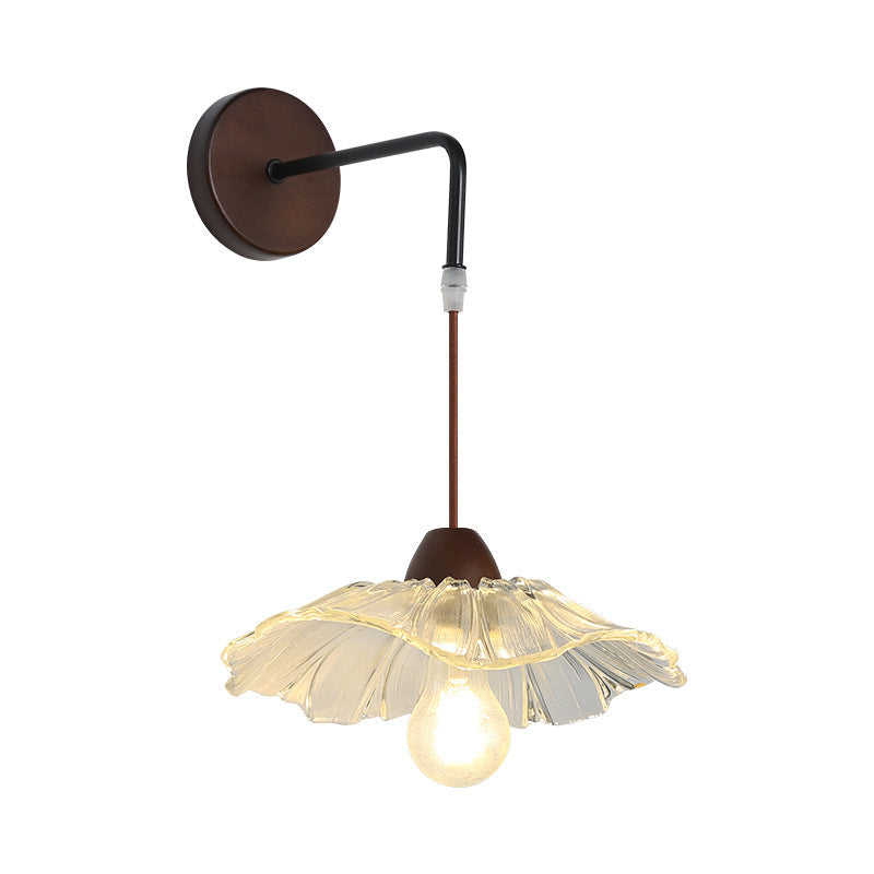 Chinese Lotus Leaf Flower Walnut 1-Light Wall Sconce Lamp