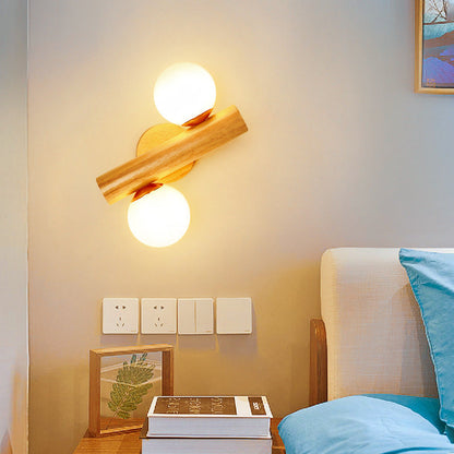 Cylinder Orb Wood Hardware Glass 2-Light Wall Sconce Lamp