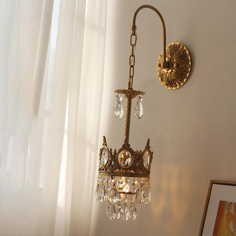 French Bent Crown Copper Crystal 1-Light Wall Sconce Lamp