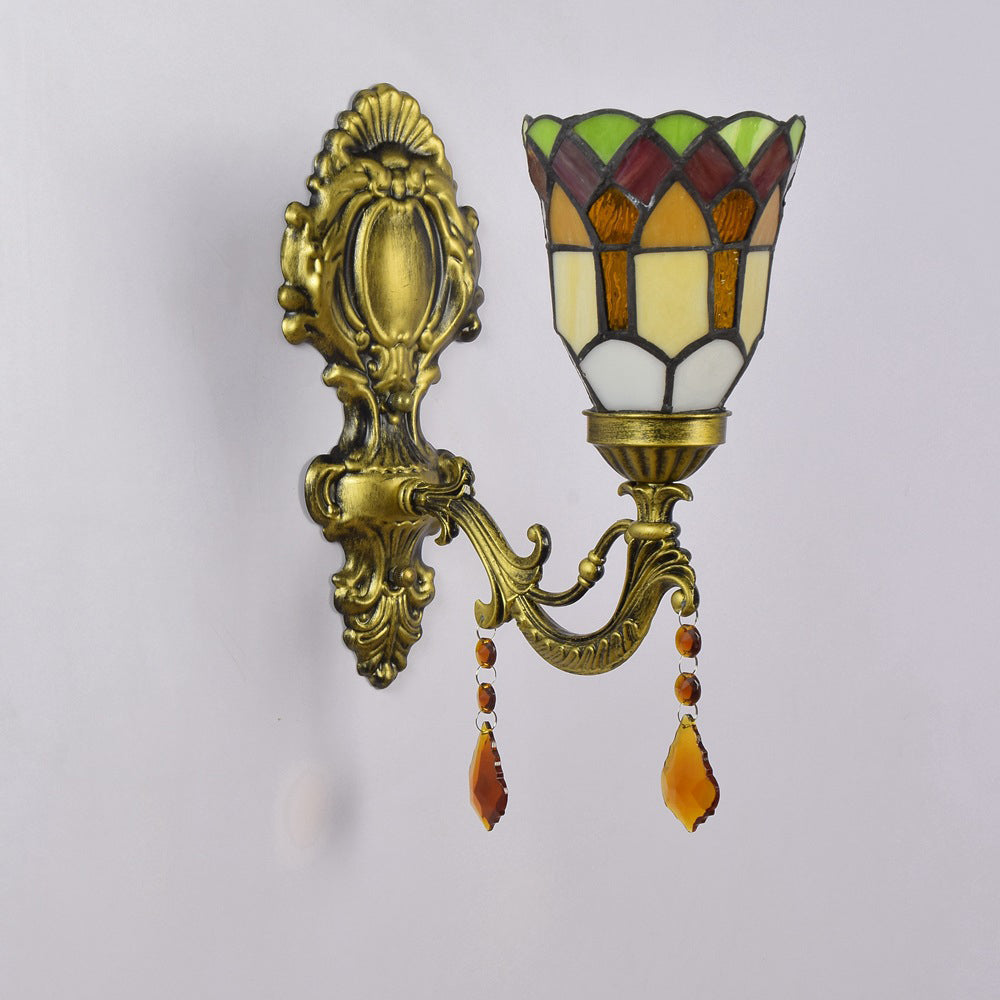 Tiffany Iron Crystal Stained Glass 1-Light Wall Sconce Lamp