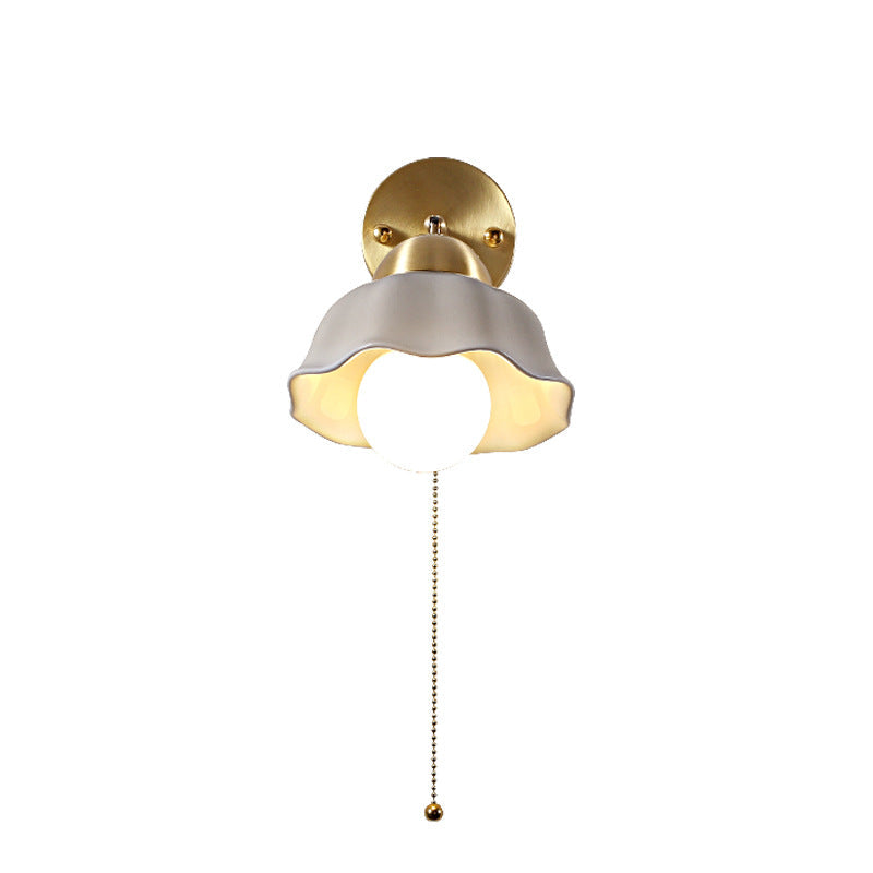 Floral Copper Ceramic Pull Cord 1-Light Wall Sconce Lamp