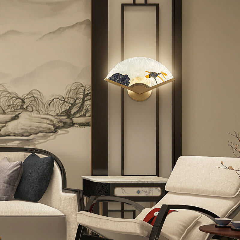 Chinese Glass Folding Fan Shaped Brass LED Wall Sconce Lamp