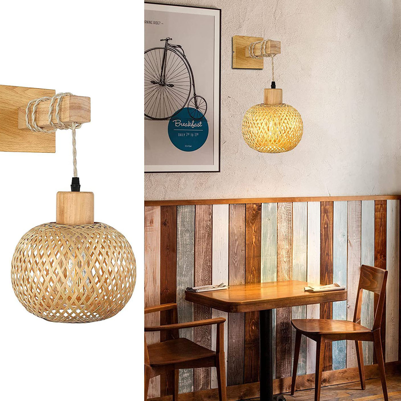 Japanese Round Head Rattan Weaving 1-Light Wall Sconce Lamp