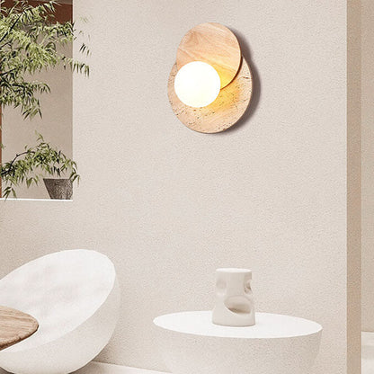Modern Minimalist Round Wood Stone 1-Light Wall Sconce Lamp