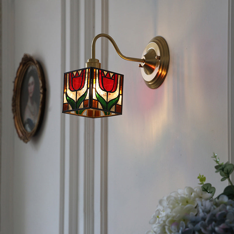 Square Cube Tulip Brass Glass 1-Light Wall Sconce Lamp