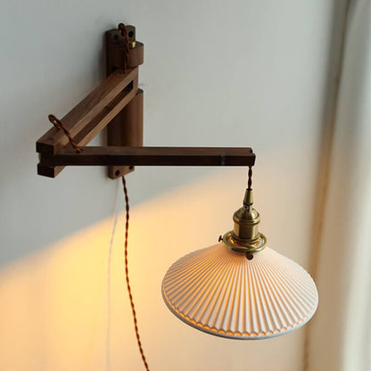 Milk Glass Walnut Retractable 1-Light Wall Sconce Lamp