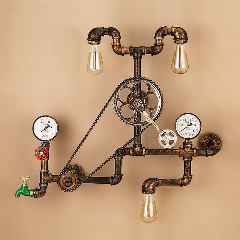 Industrial Iron Plumbing Gear 3-Light Wall Sconce Lamp