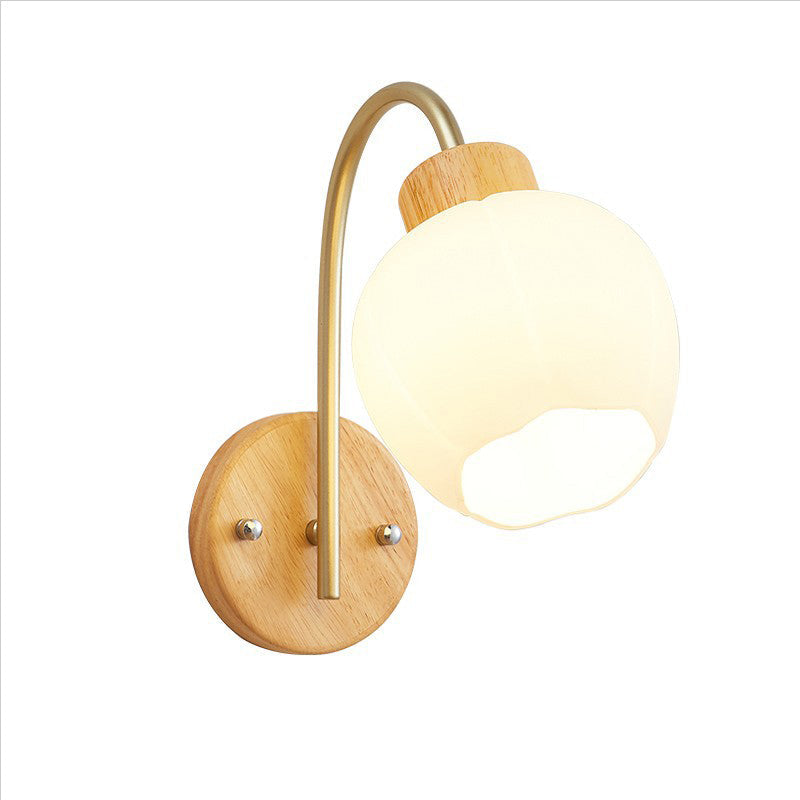 Bell Pleated Glass Shade Wood 1-Light Wall Sconce Lamp