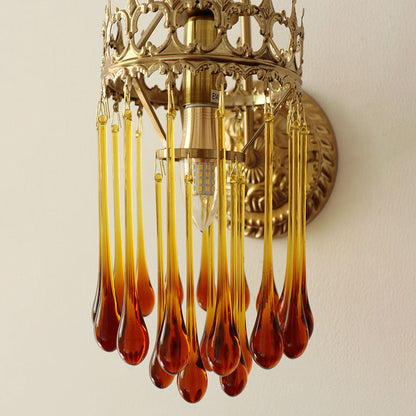 French Brown Water Drop Glass 1-Light Wall Sconce Lamp