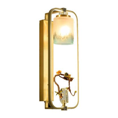 Chinese Copper Rectangular Frame LED Wall Sconce Lamp