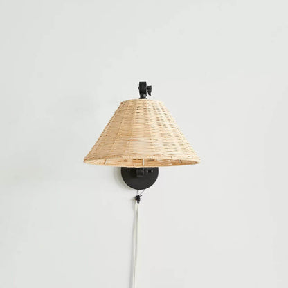 Rattan Cone Shade Iron Swing Arm 1-Light Wall Sconce Lamp