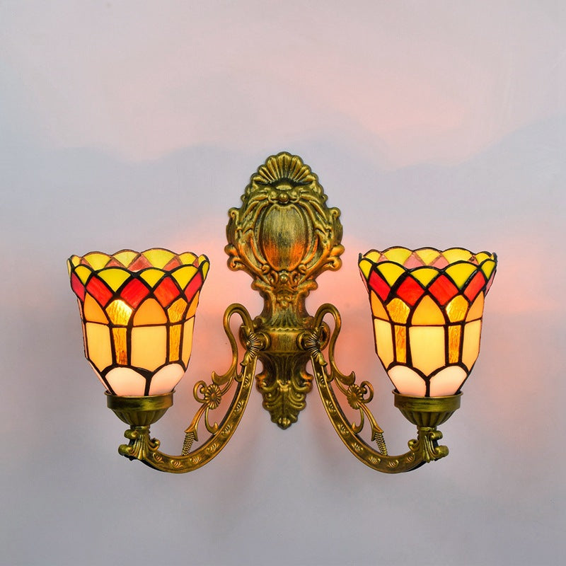 Tiffany Resin Glass Bell Shade 2-Light Wall Sconce Lamp