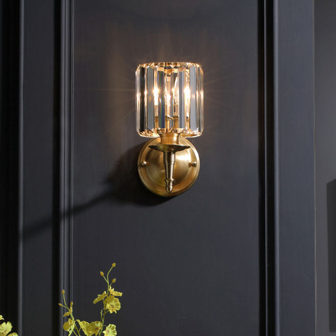 French Crystal Copper Cylinder 1-Light Wall Sconce Lamp