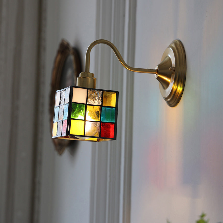 Square Cube Tulip Brass Glass 1-Light Wall Sconce Lamp