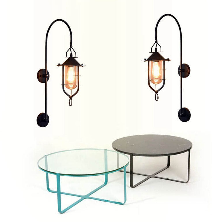 Iron Glass Cage Curved Arm 1-Light Wall Sconce Lamp