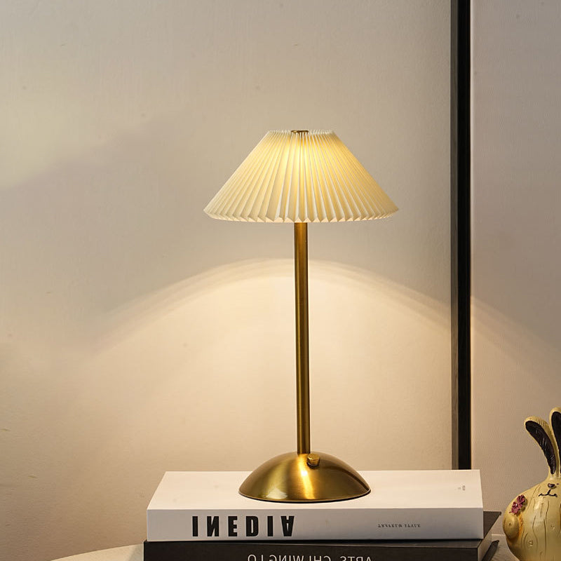 Contemporary Scandinavian Rechargeable Iron Fabric Conic Pleated 1-Light Table Lamp For Bedside