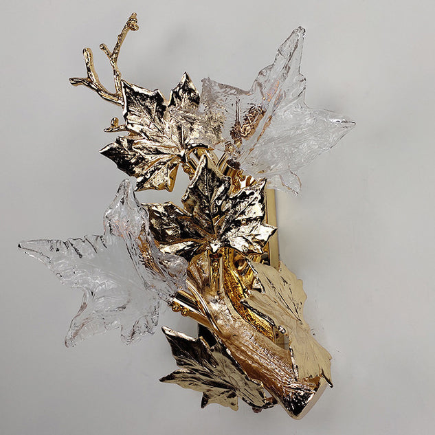 Copper Glass Maple Leaf Branch 2-Light Wall Sconce Lamp