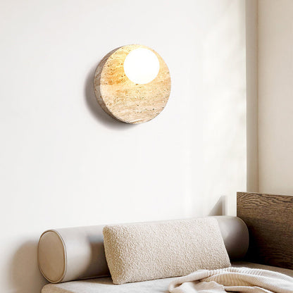 Japanese Yellow Travertine Circle 1-Light Wall Sconce Lamp