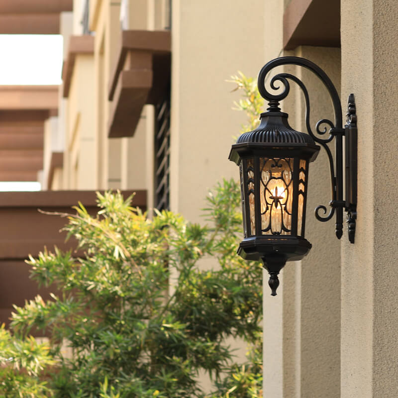 Outdoor Carved Cage Aluminum Glass 1-Light Wall Sconce Lamp