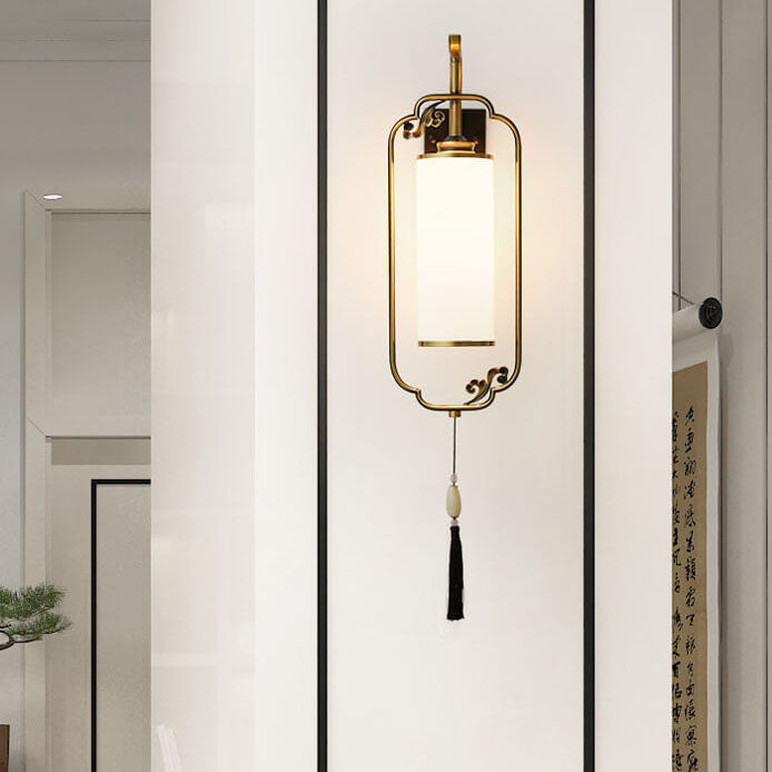 Chinese Copper Iron Glass Column 1-Light Wall Sconce Lamp