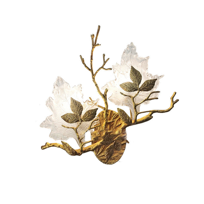 Copper Glass Maple Leaf Branch 2-Light Wall Sconce Lamp