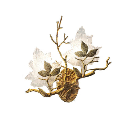 Copper Glass Maple Leaf Branch 2-Light Wall Sconce Lamp