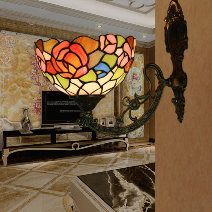 Tiffany Floral Hardware Glass Dome 1-Light Wall Sconce Lamp