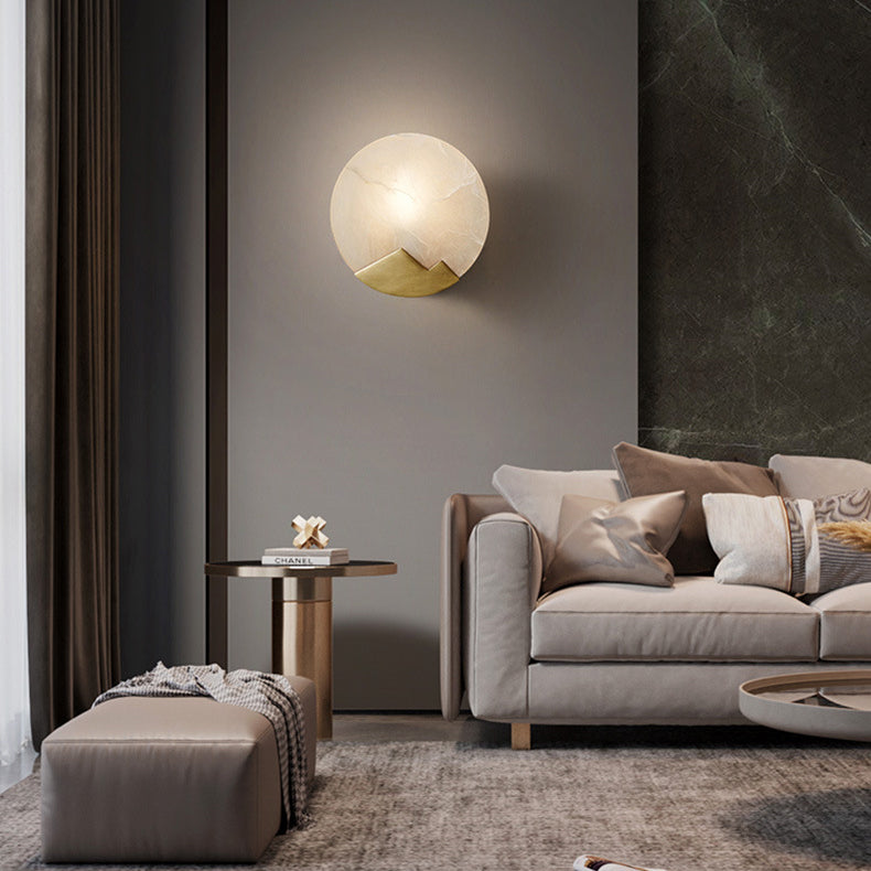 Luxury Round Full Copper Marble 1-Light Wall Sconce Lamp