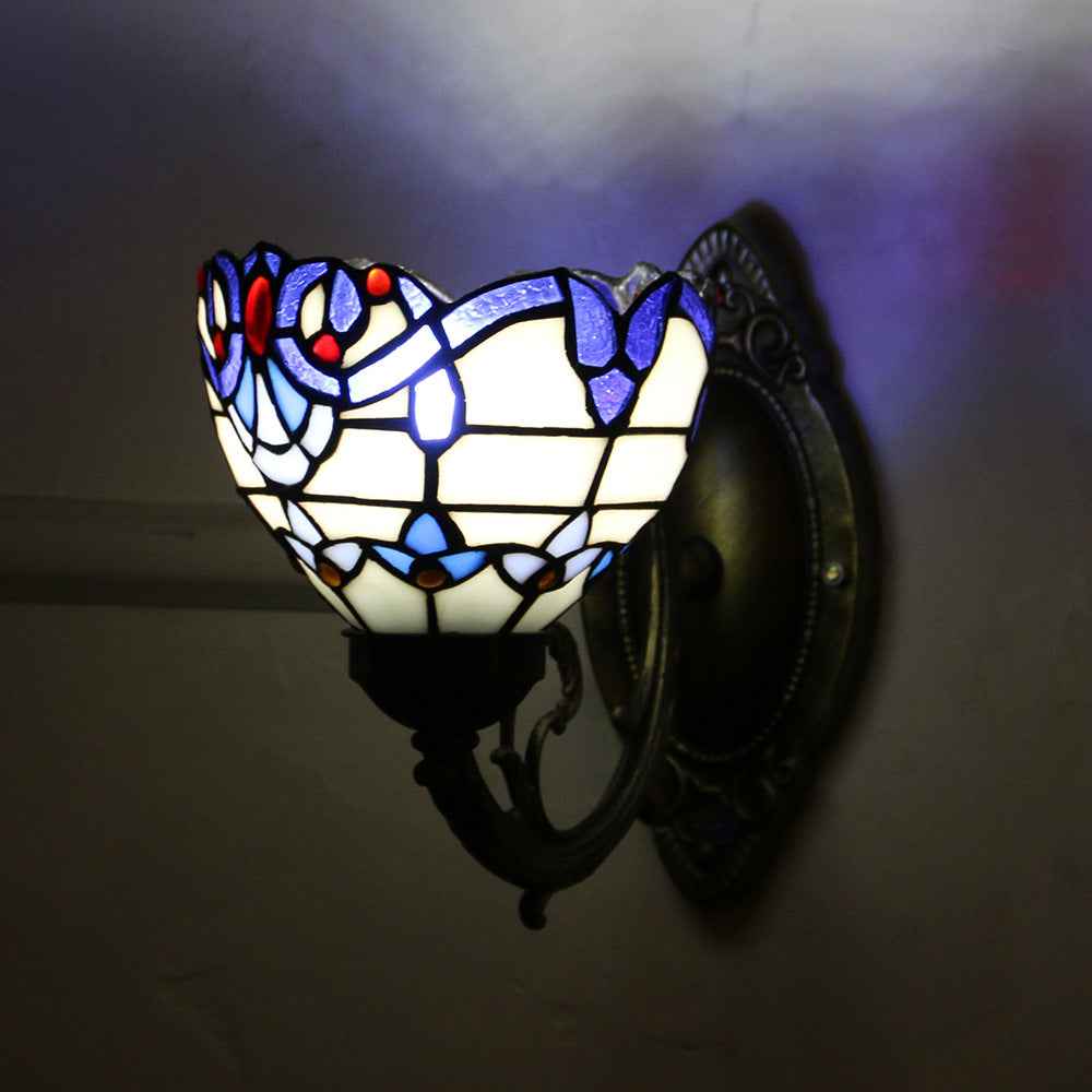 Tiffany Glass Iron Round Bowl 1-Light Wall Sconce Lamp