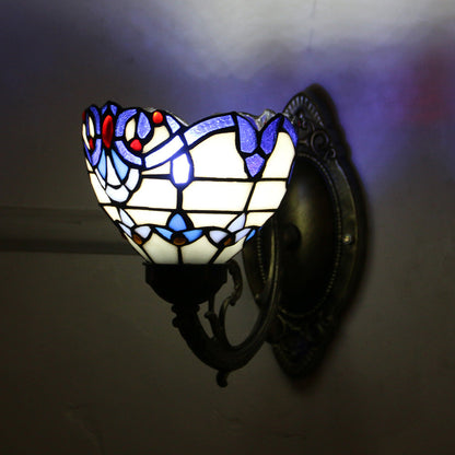 Tiffany Glass Iron Round Bowl 1-Light Wall Sconce Lamp