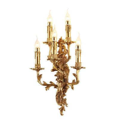 French Copper Candle Carved 5-Light Wall Sconce Lamp