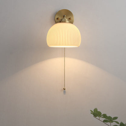 Nordic Striped Milk Glass Brass Pull Cord Wall Sconce