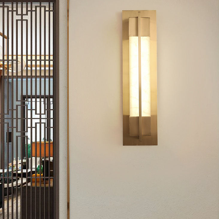 Chinese Copper Faux Marble Rectangular LED Wall Sconce Lamp