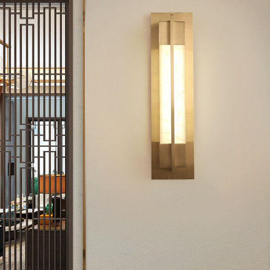 Chinese Copper Faux Marble Rectangular LED Wall Sconce Lamp