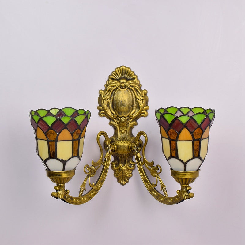 Tiffany Resin Glass Bell Shade 2-Light Wall Sconce Lamp
