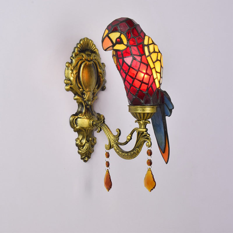 Tiffany Glass Parrot Crystal 1-Light Wall Sconce Lamp