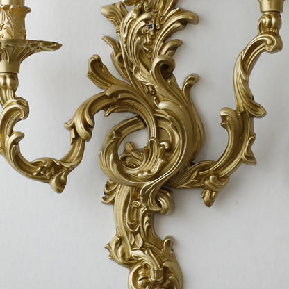 French Brass Candelabra Carved 2/3 Light Wall Sconce Lamp