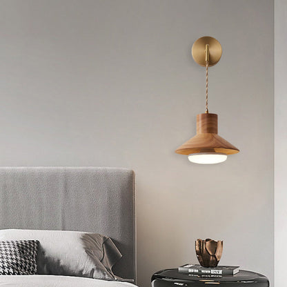 Japanese Round Mushroom Shape Wood 1-Light Wall Sconce Lamp