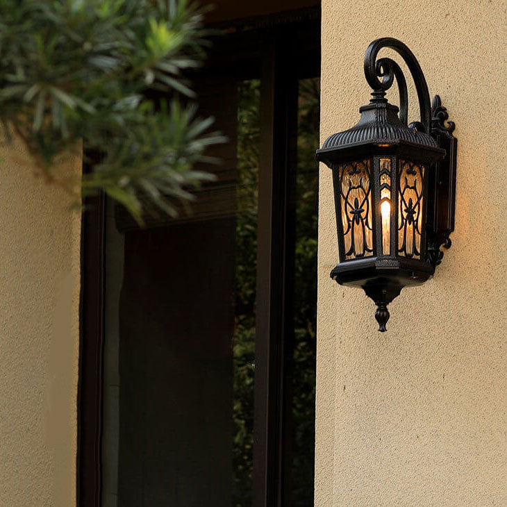 Outdoor Carved Cage Aluminum Glass 1-Light Wall Sconce Lamp