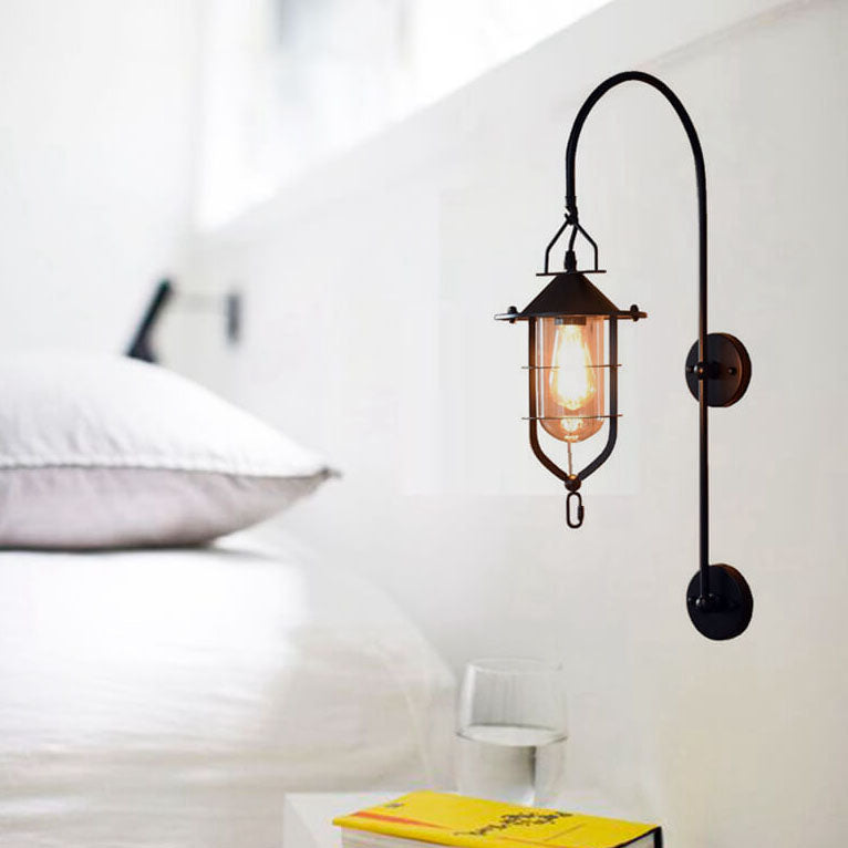Iron Glass Cage Curved Arm 1-Light Wall Sconce Lamp