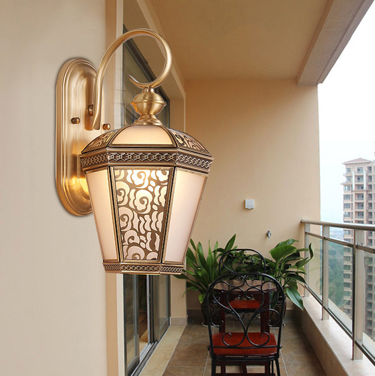 Brass Glass Hexagonal Lantern 1-Light Wall Sconce Lamp