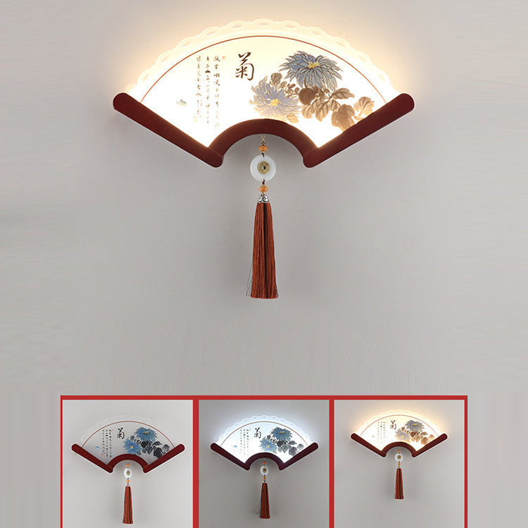Chinese Elements Shade Wooden Edge LED Wall Sconce Lamp