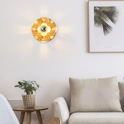 Round Square Clover Copper Glass 1-Light Wall Sconce Lamp