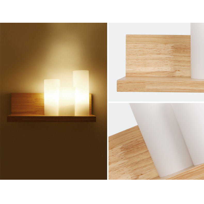 Japanese Cylindrical Wooden Glass 1-Light Wall Sconce Lamp