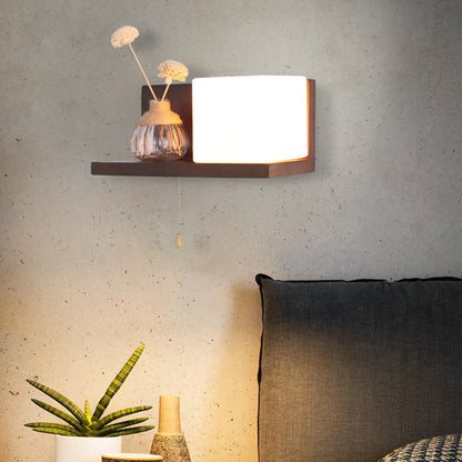 Rectangular Shelf Wood Glass 1-Light Wall Sconce Lamp